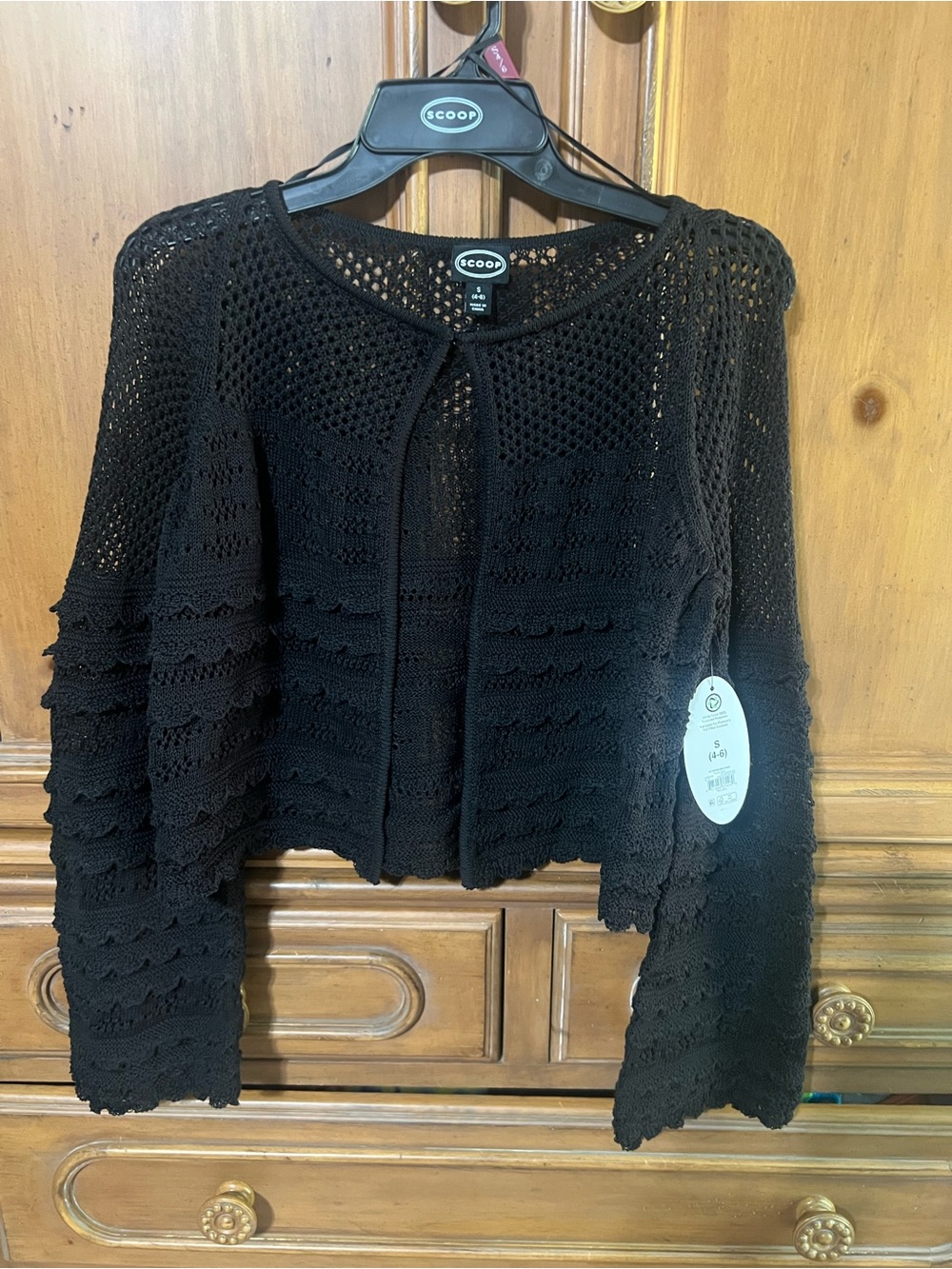 Black Open-Knit Cropped Cardigan Sweater